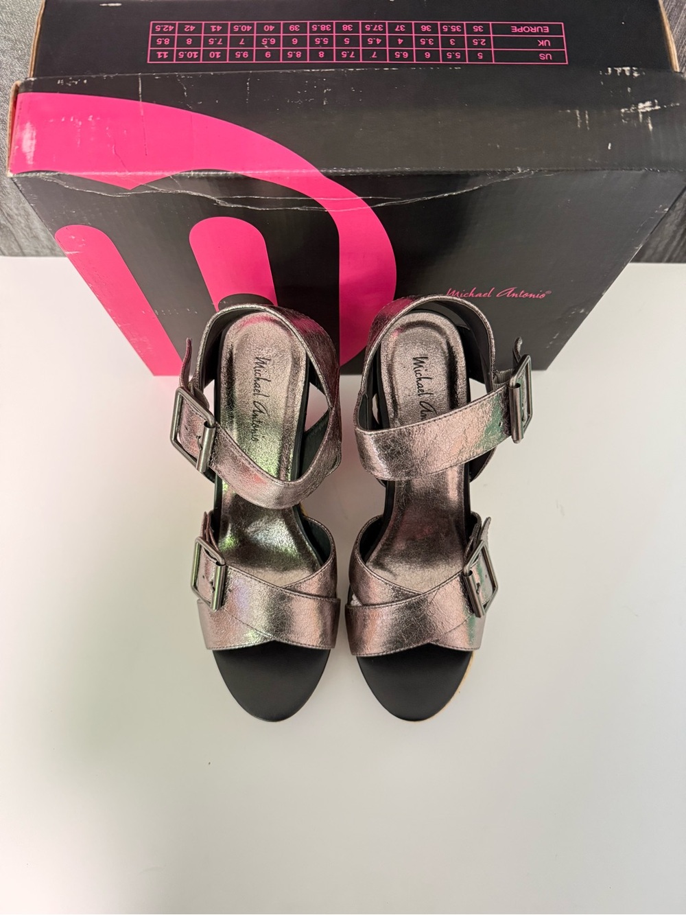 Michael Antonio Metallic Pewter Iridescent Buckle Sandals
